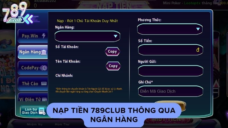 Nạp tiền 789Club thông qua ngân hàng