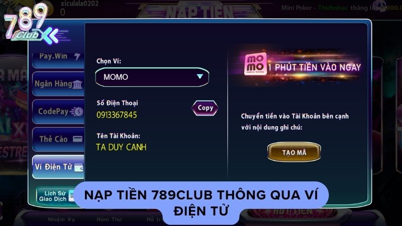 Nạp tiền vào tài khoản cổng game 789Club thông qua ví điện tử